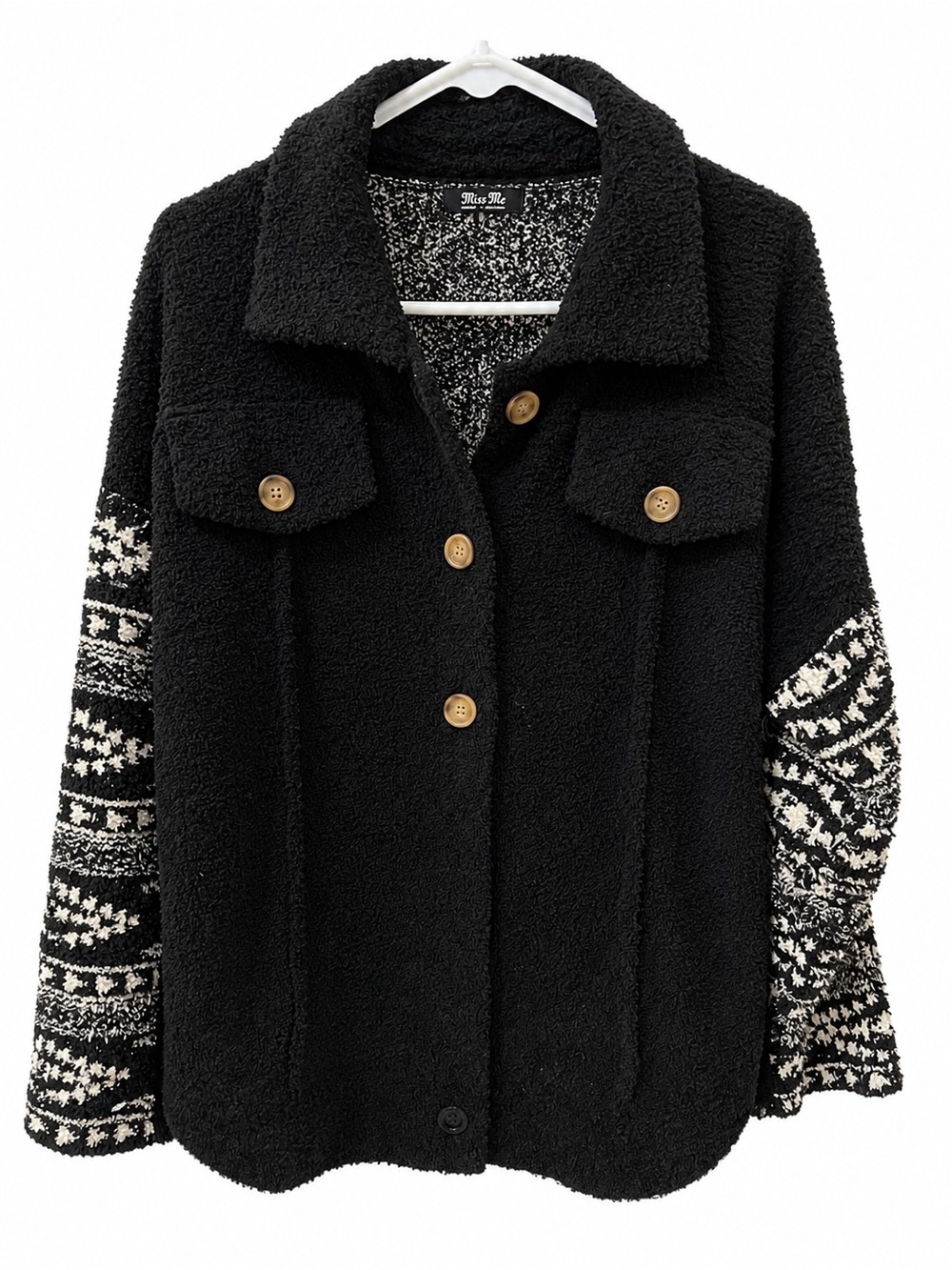 Miss Me Black Sherpa Jacket with Patterned Knit Sleeves